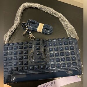 Navoh NEW Studded Patent Leather Handbag Blue with Chain Strap AND Leather Strap